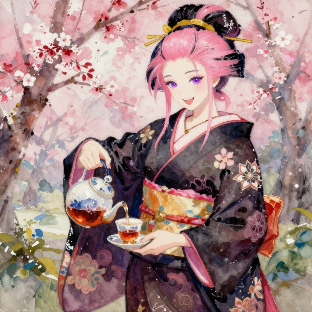 Gothic Geisha Pours Tea in Cherry Blossom Garden