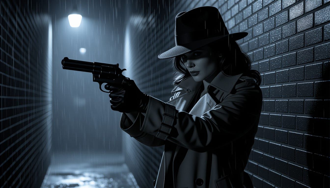 Lady Detective in Noir Style Alleyway