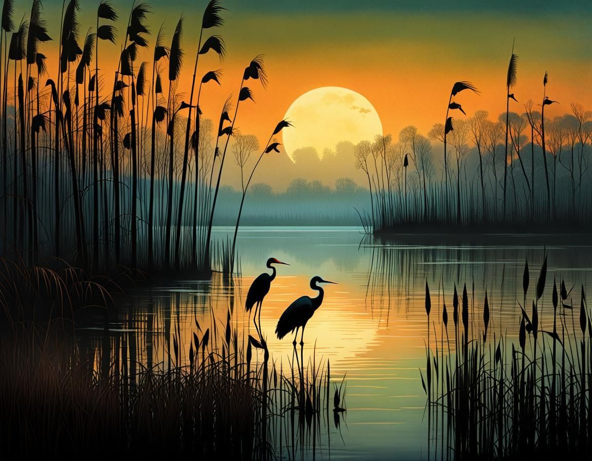 Cranes on the shore of lake