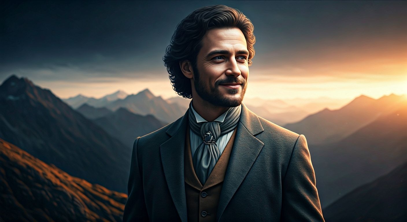 Majestic Mountain Scene with Smiling Man and Godrays