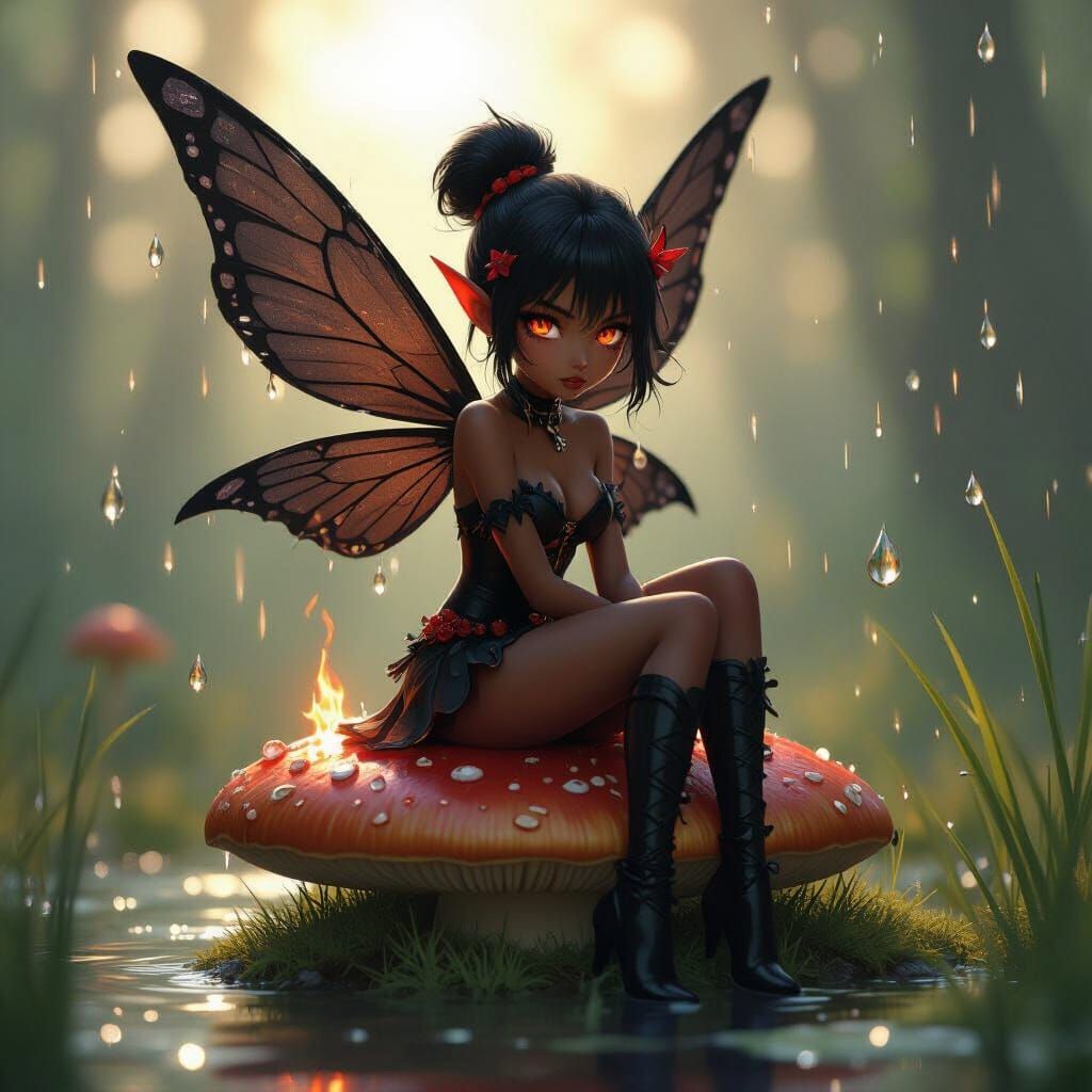 Fiery Fairy on Mushroom in 3D Anime Style