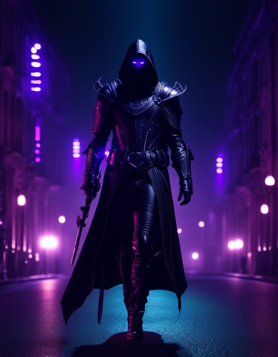 Gothic armored dark hooded assassin facing camera shrouded f...