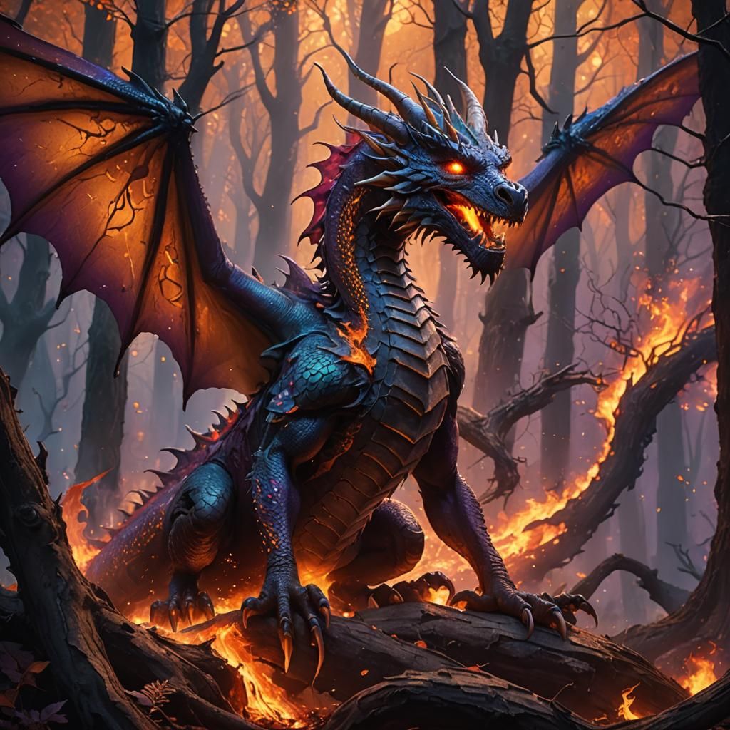 Halloween Dragon in Burning Forest, Fantasy Concept Art