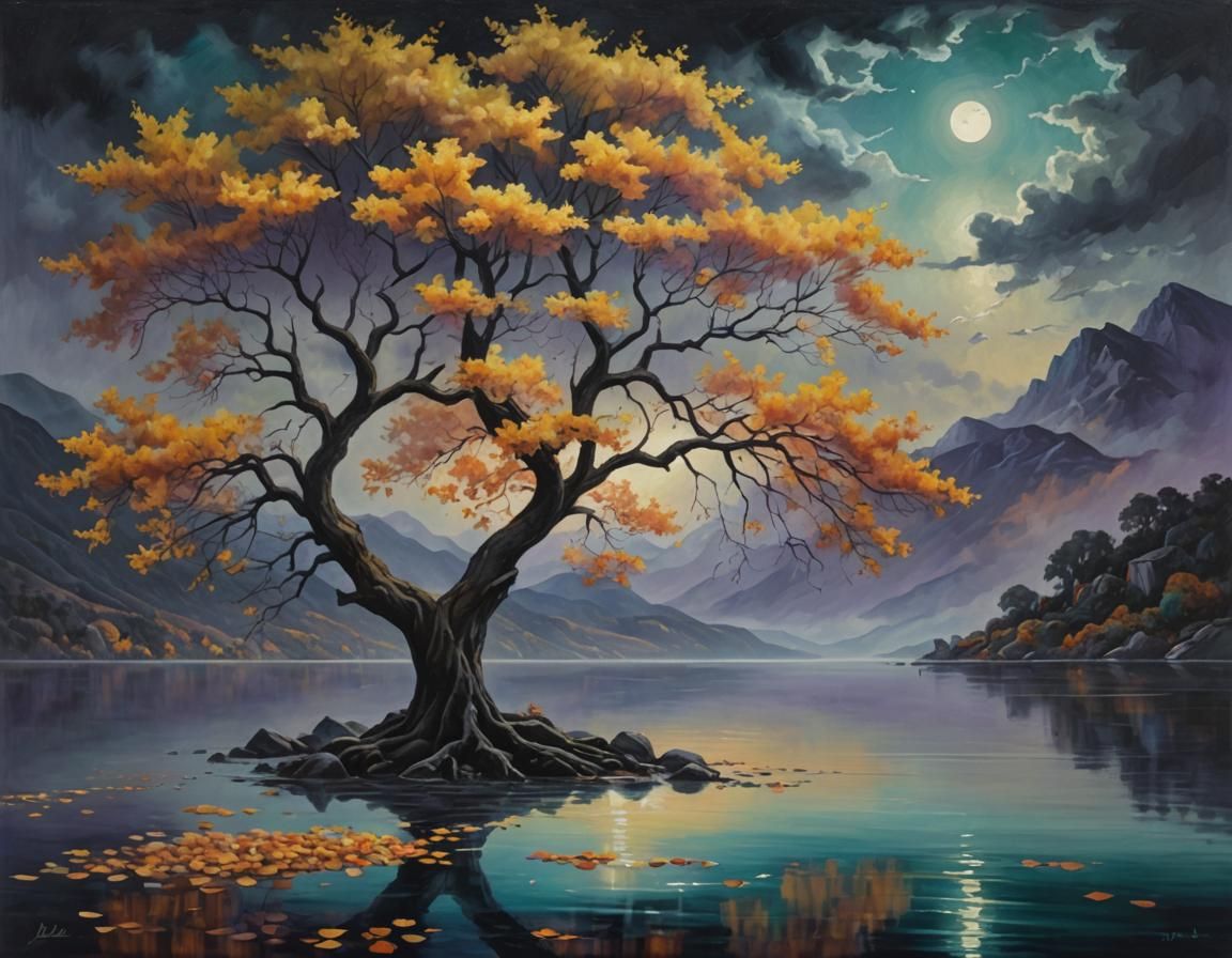 Surreal Shoreline Tree in Oil Painting Style