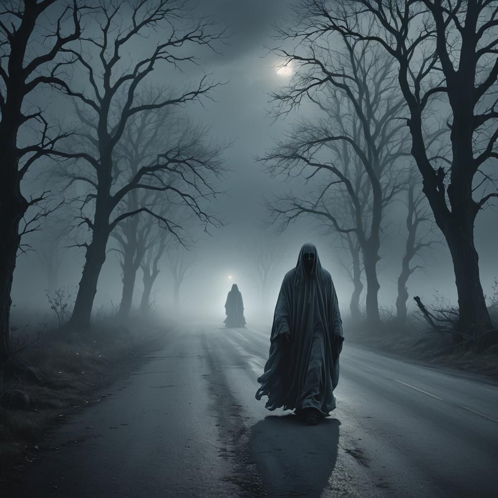 Eerie Ghostly Apparition on Deserted Road in Dark Fantasy Ar...