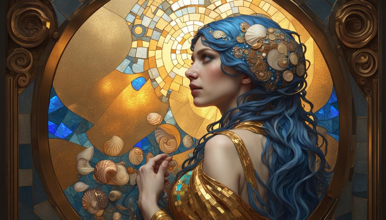 Golden Shells Mosaic in Art Nouveau Style