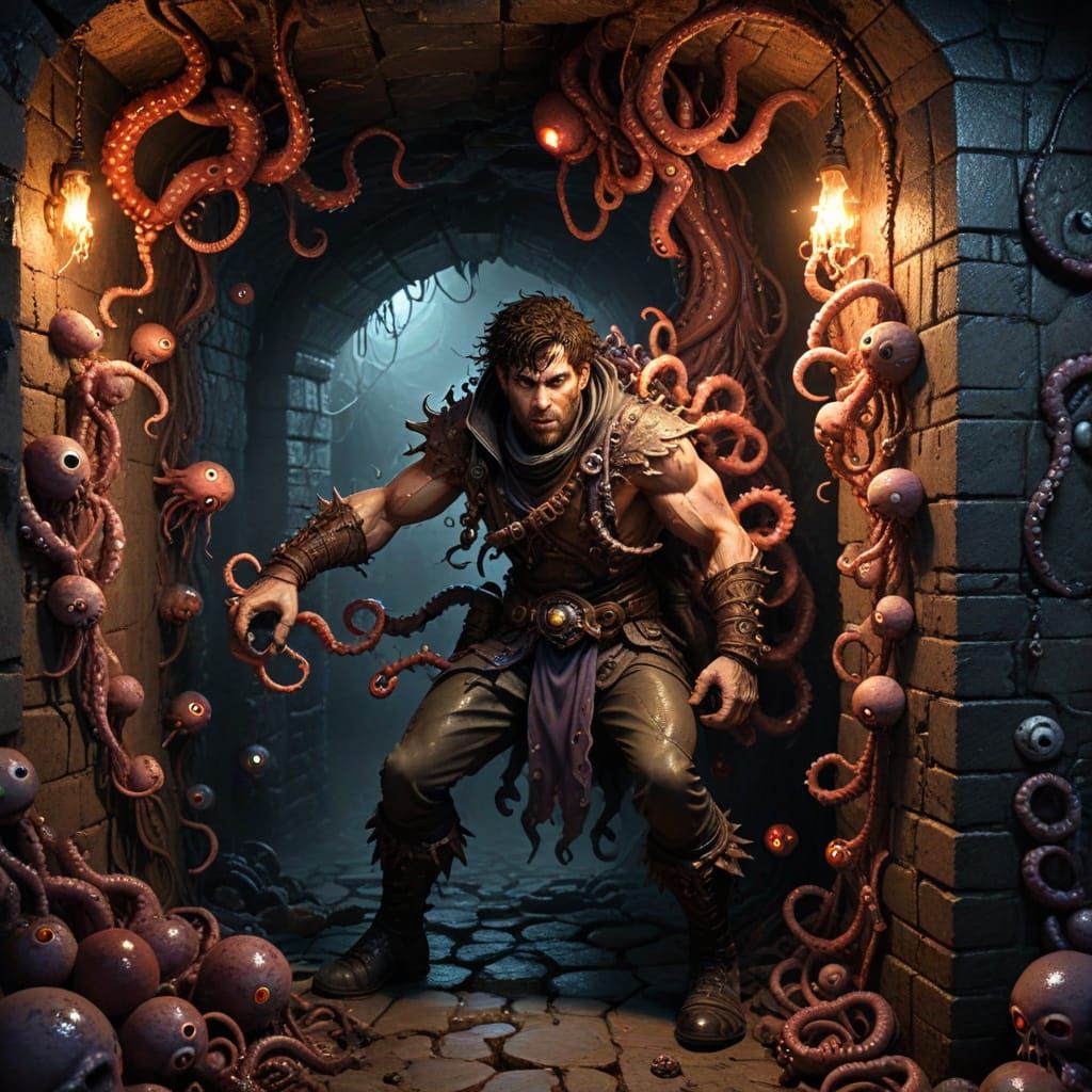 Hero Frozen in Nightmarish Dungeon of Eyeballs and Tentacles