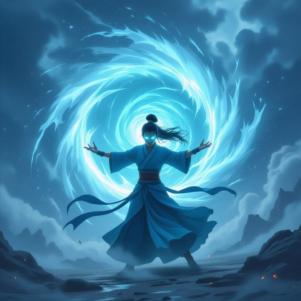 Airbender Manipulating Winds in Cinematic Concept Art Style