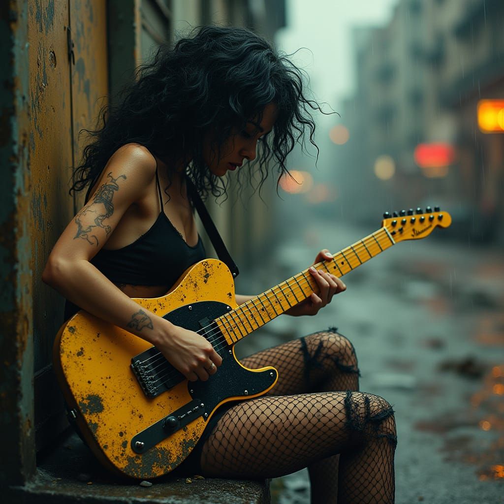 Grunge Rebel Unleashes Sonic Fury on Rain-Soaked Streets