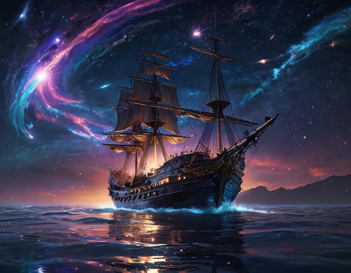 Majestic Ship Sailing Across Starry Ocean: Digital Art