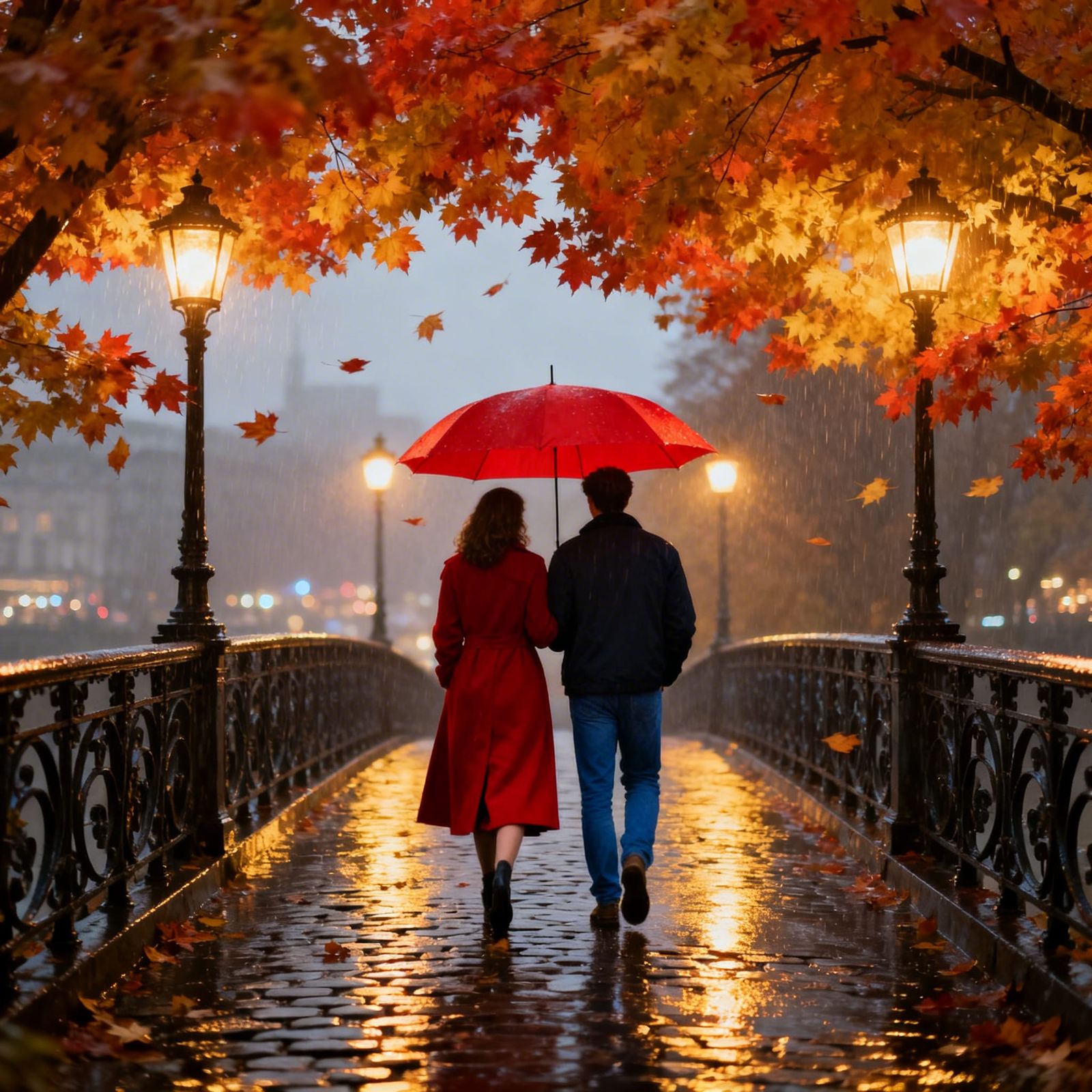 Couple Under Red Umbrella on Wet Cobblestone Bridge