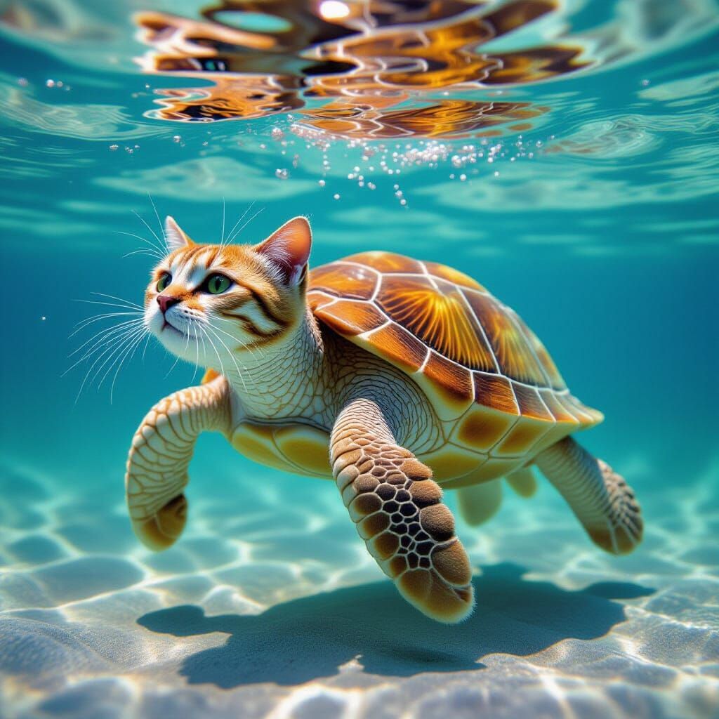 Weightless Fluffy Tortoise Cat in Aquatic Surrealism