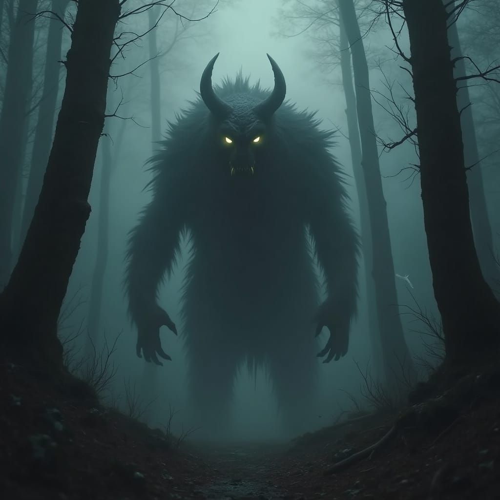 Mystical Creature in Foggy Gothic Forest
