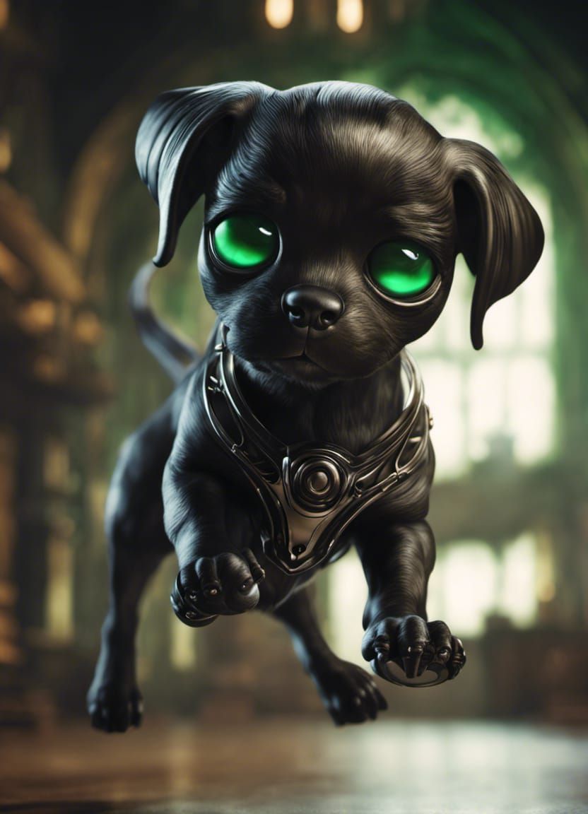 Flying Puppy with Piercing Green Eyes in 3D Cartoon Art