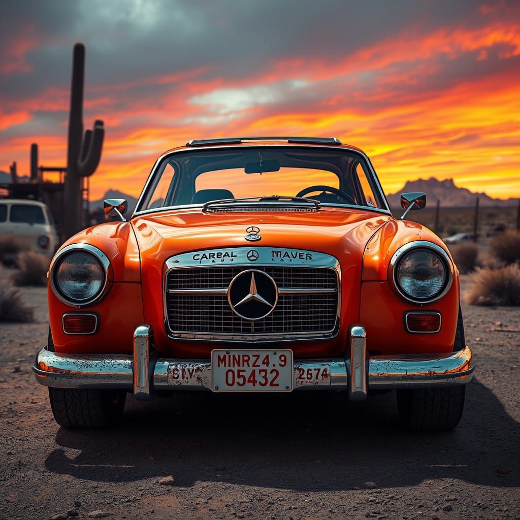 Fluorescent Orange Mad Max-Style Hotrod in Post-Apocalyptic....