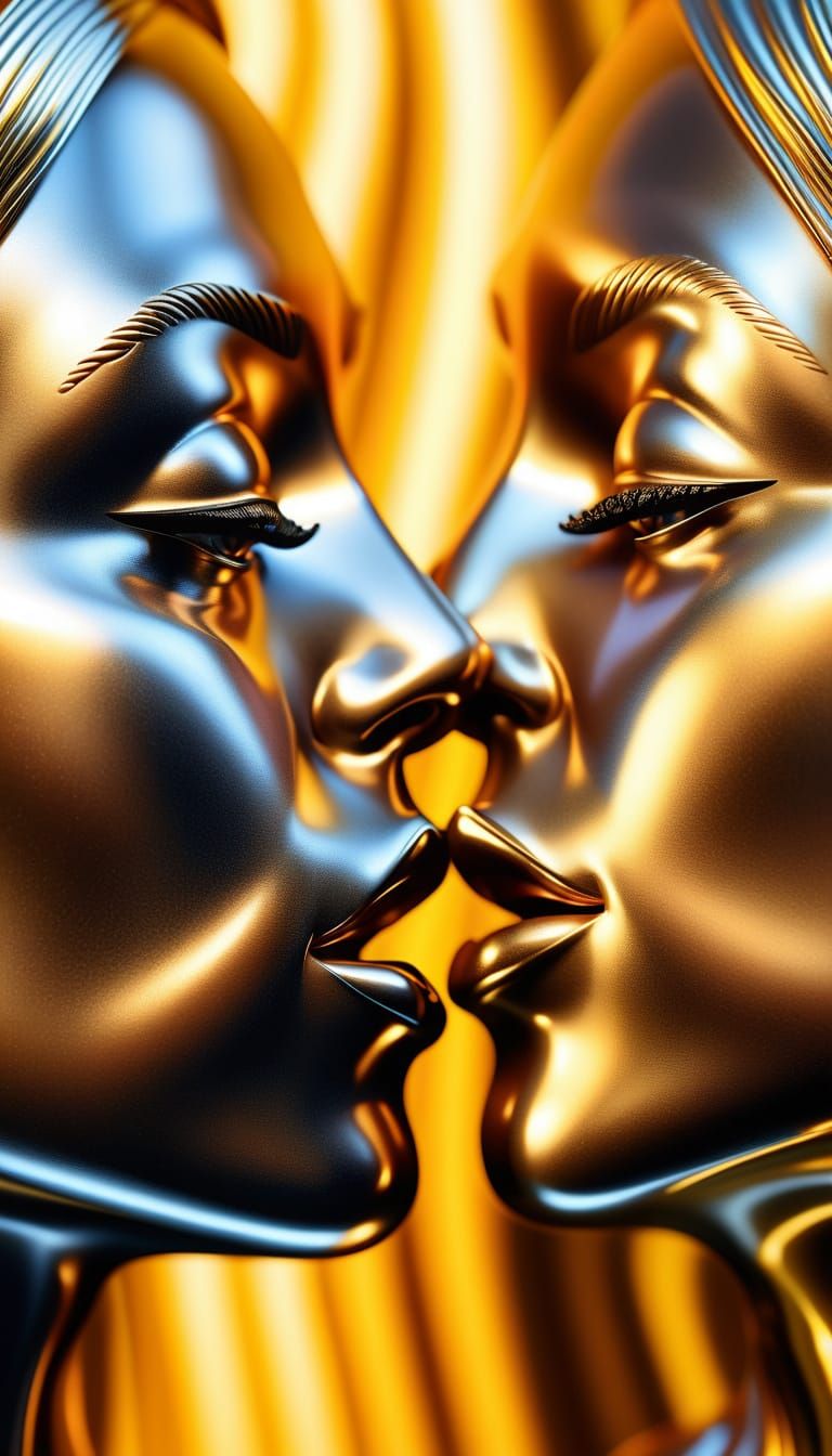 Hyperrealistic Chrome Sculpture of Two Women in Dramatic Dro...