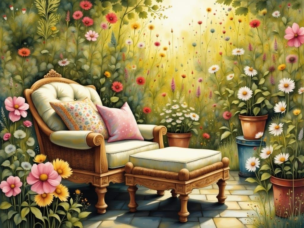 Cozy Garden Seating Area in Storybook Illustration Style