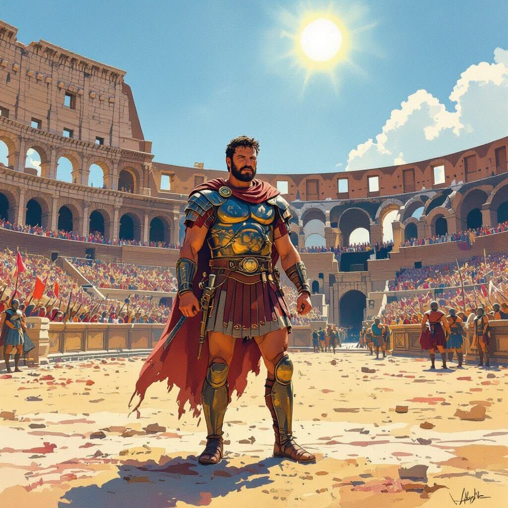 Victorious Maximus in Colosseum: Gouache Watercolor