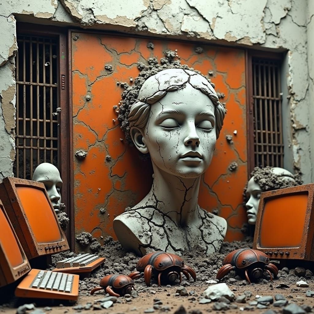 Decaying Post-Apocalyptic Scene with Plaster Statues and Met...