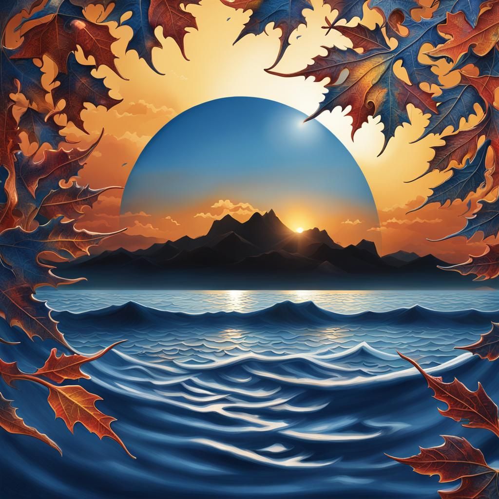 Maple Leaf Carving on Ocean Edge, Hyperrealistic 3D