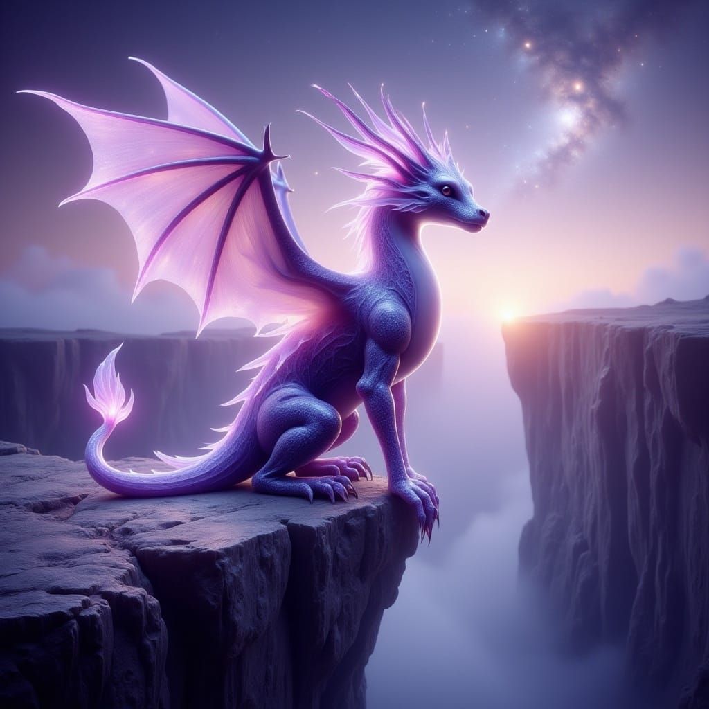 Violet Dragon on Cliff in Dreamy Fantasy Art