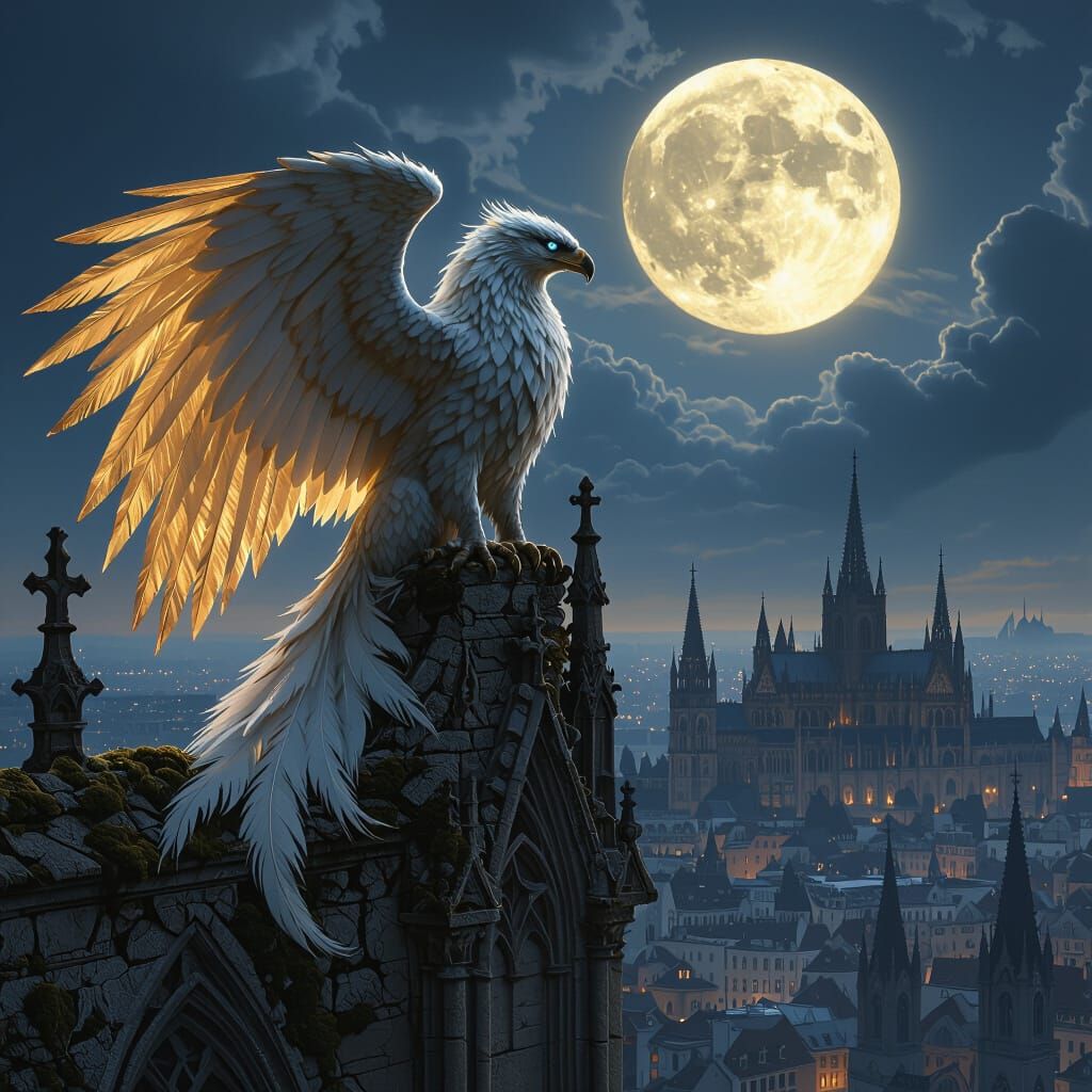 Griffin Perched on Gothic Spire in Moonlight