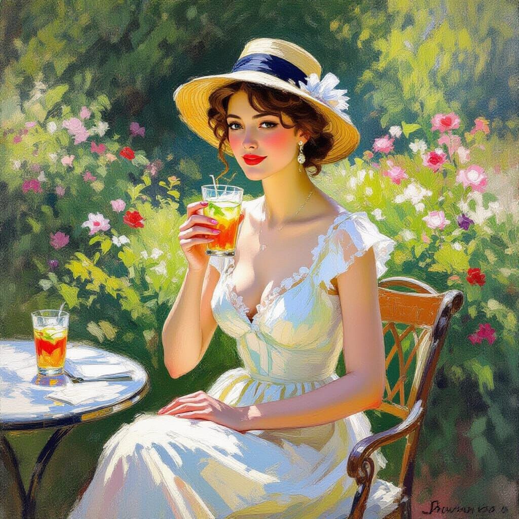 Woman Sipping Mint Julep in Impressionist Style