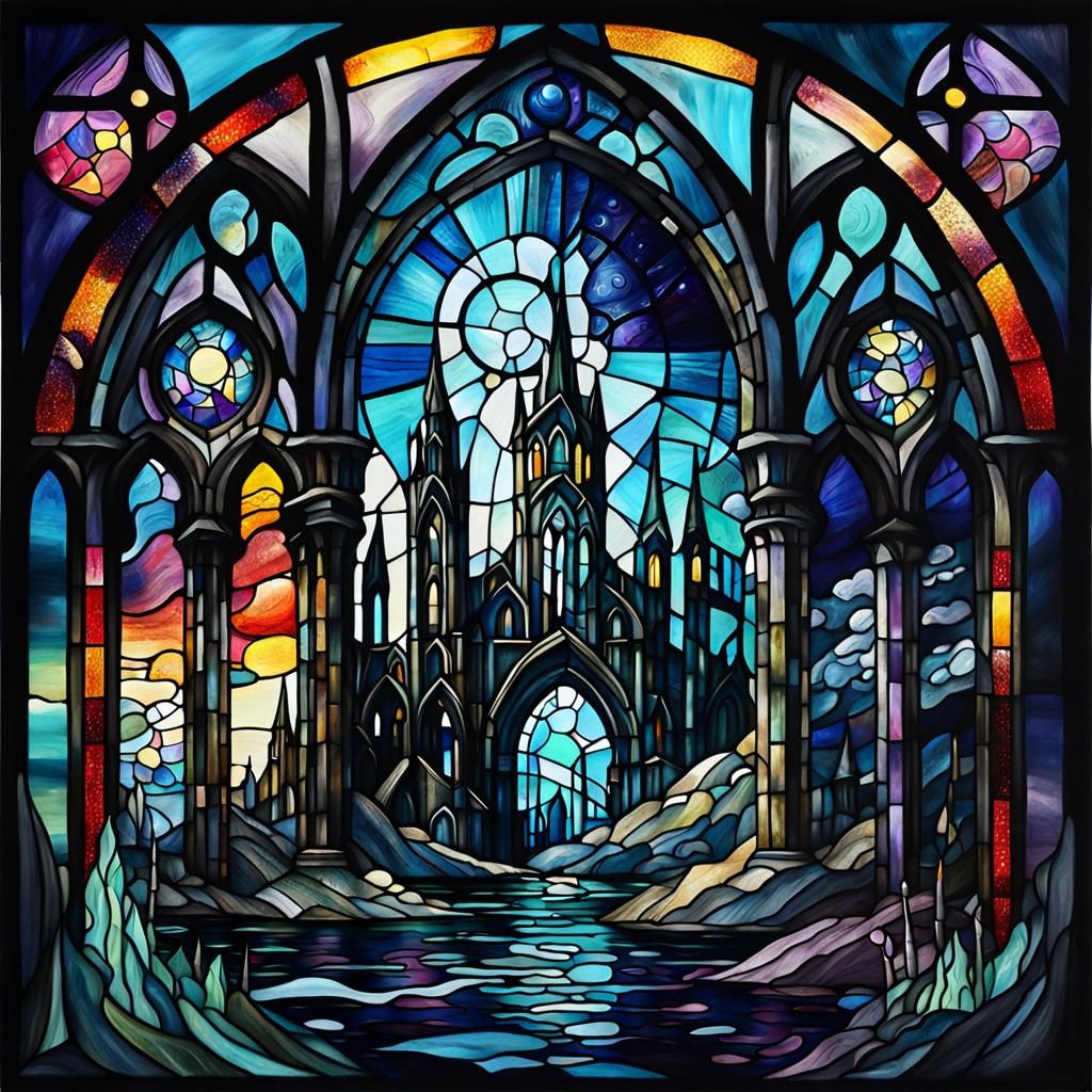Underwater Ruined City in Stained Glass Style