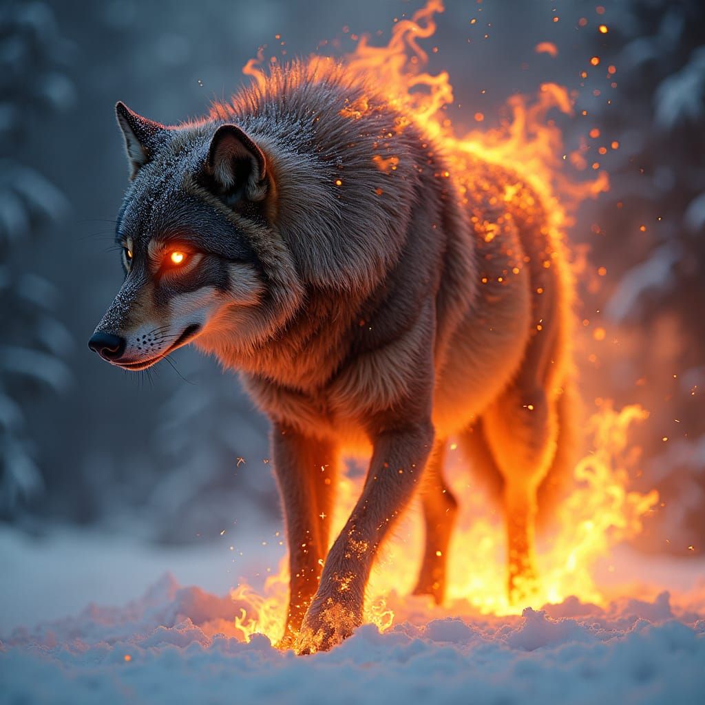 Fiery Dire Wolf Roars Against Icy Background