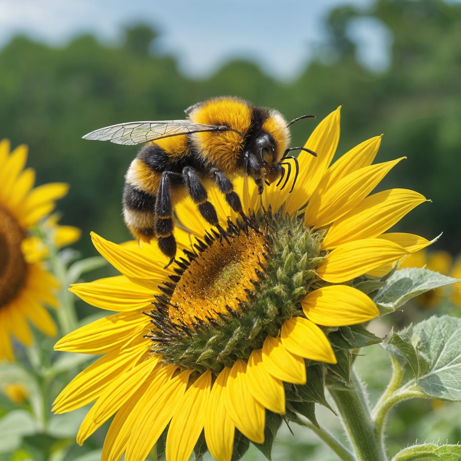 Vibrant Bumblebee in Sunflower Field