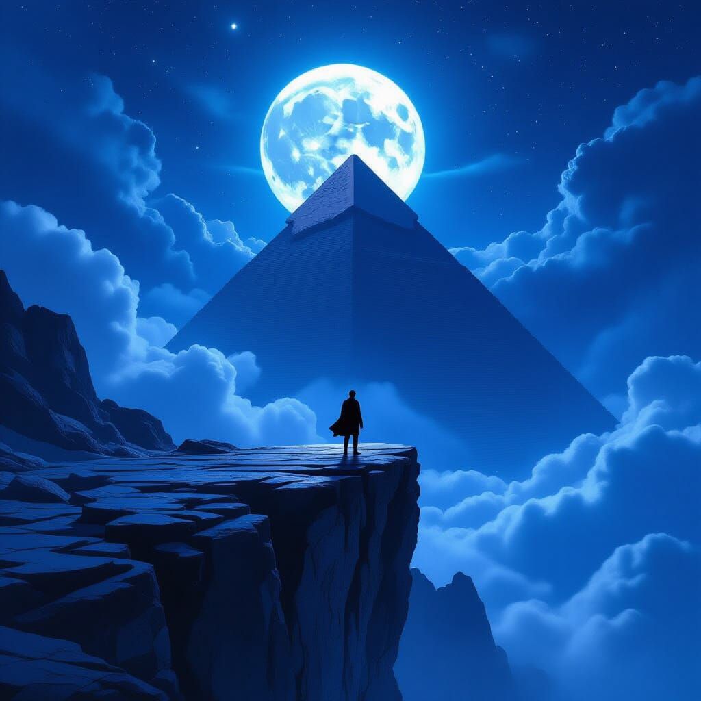 Man on Cliff Gazing at Distant Pyramid Under Starry Night Sk...