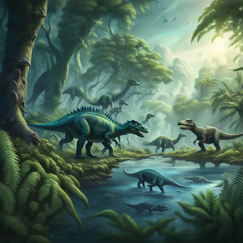 Herbivorous Dinosaurs in a Lush Prehistoric Landscape