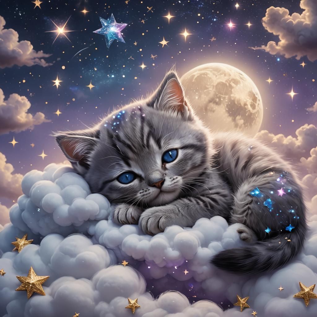 Dreamy Kitten Sleeping on Cloud with Stars