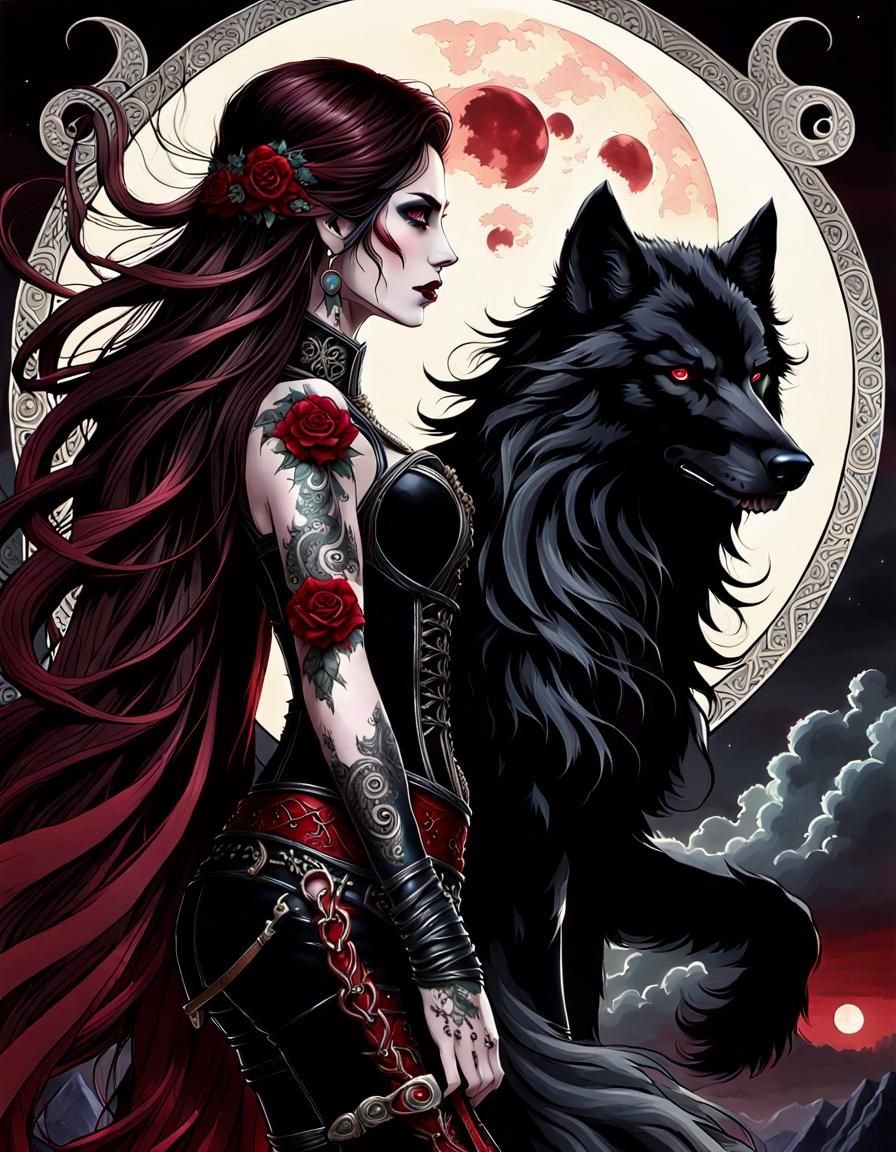 High Priestess with Skull and Crimson Moon