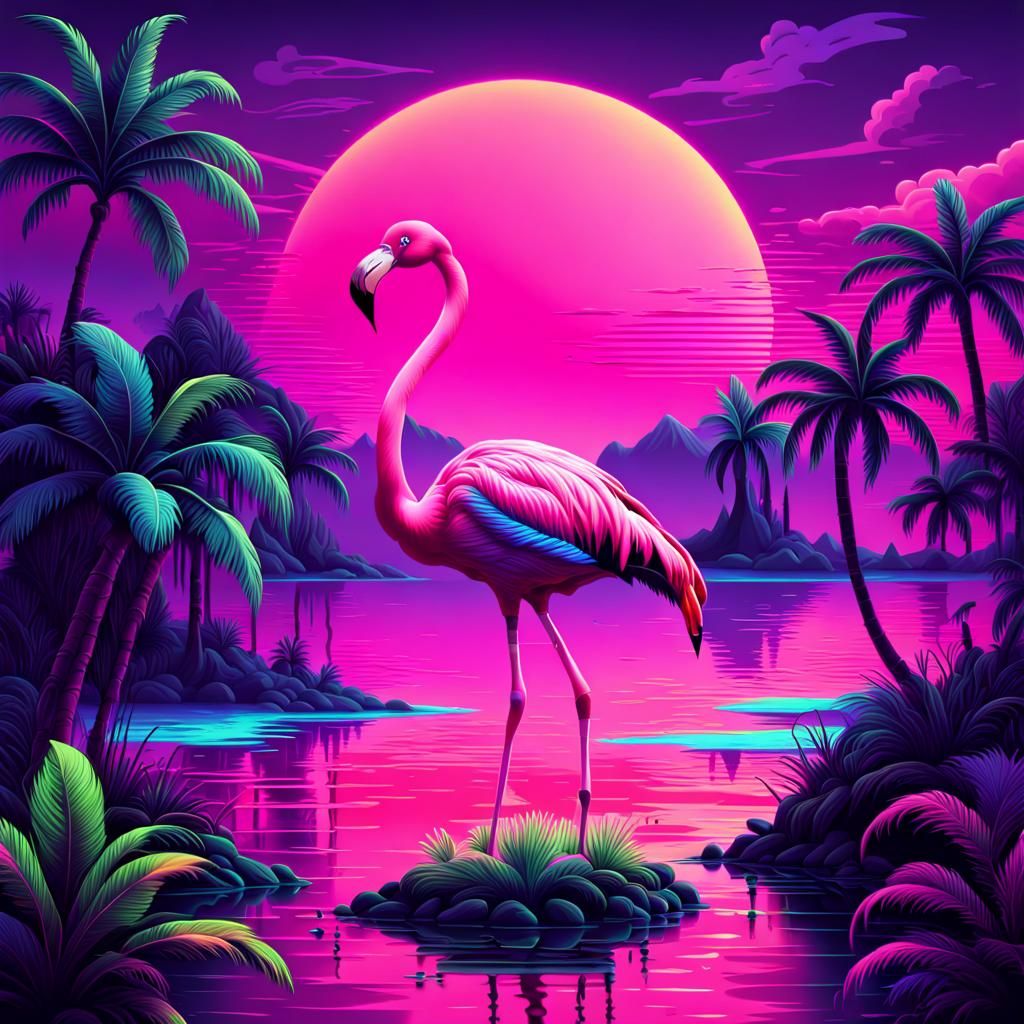 Neon Flamingo in Vaporwave Sunset Landscape