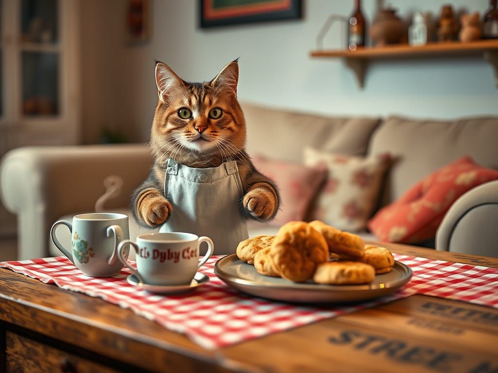 Cute Tabby Cat Serves Tea in Cozy 90s Living Room