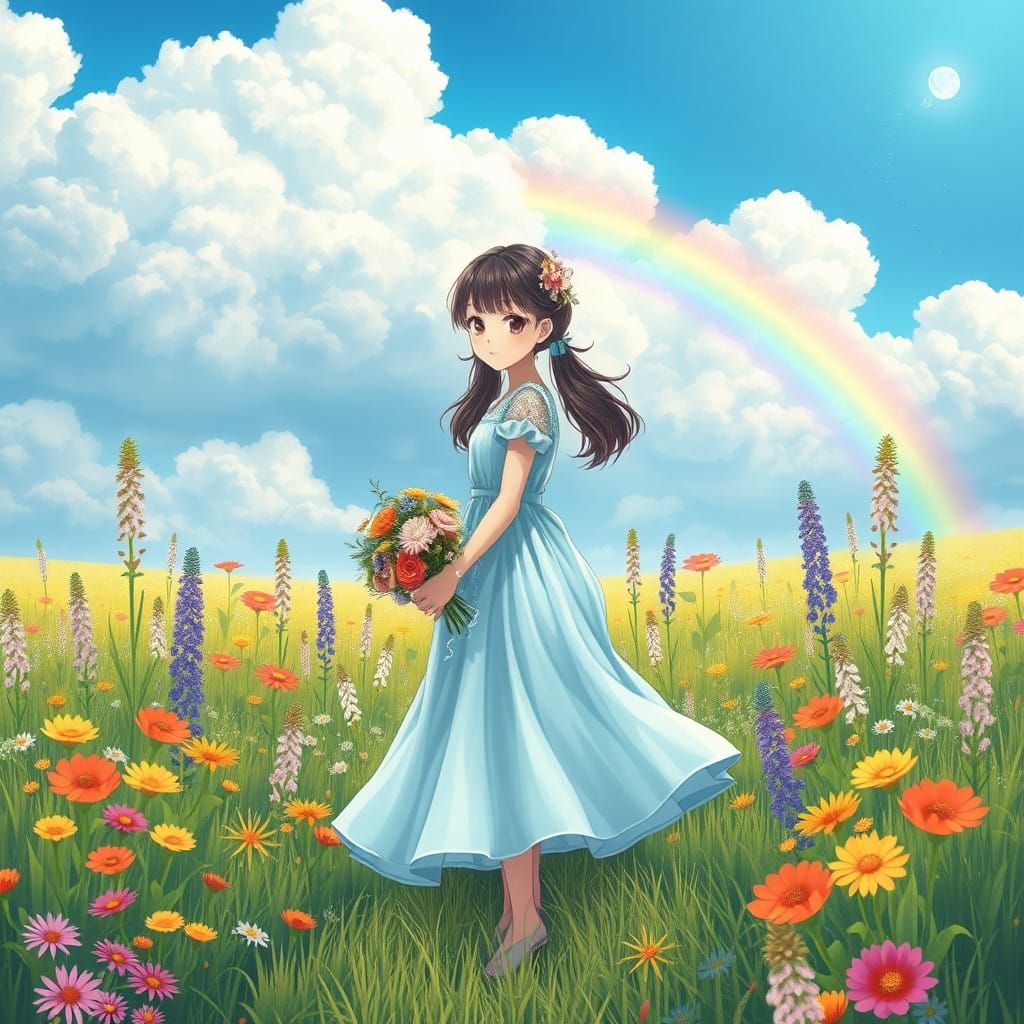 Whimsical Anime Girl in a Dreamlike Meadow