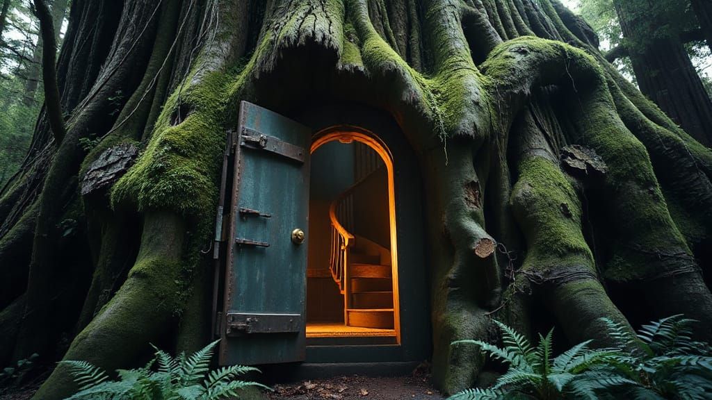 Ornate Door Embedded in Redwood Tree, Pastel Art