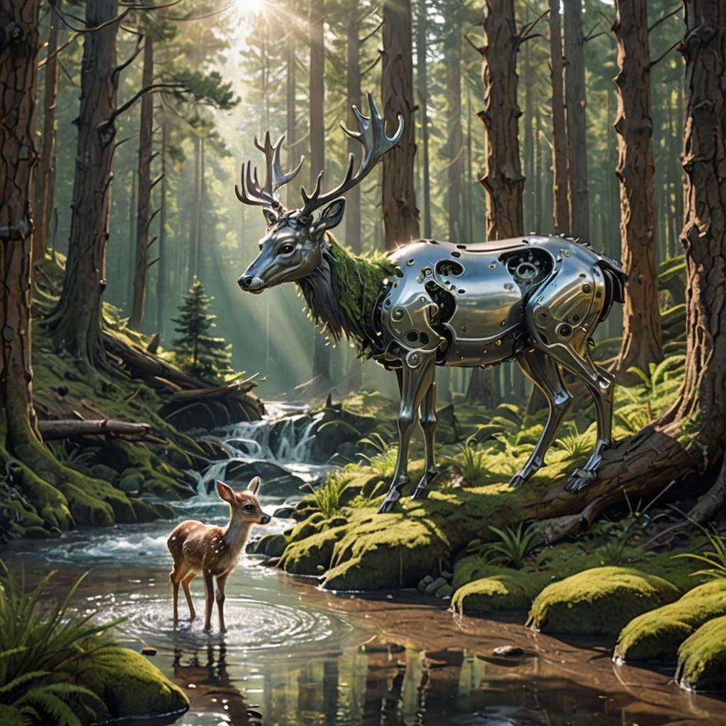 Clockwork Giant and Deer in Sunlit Forest