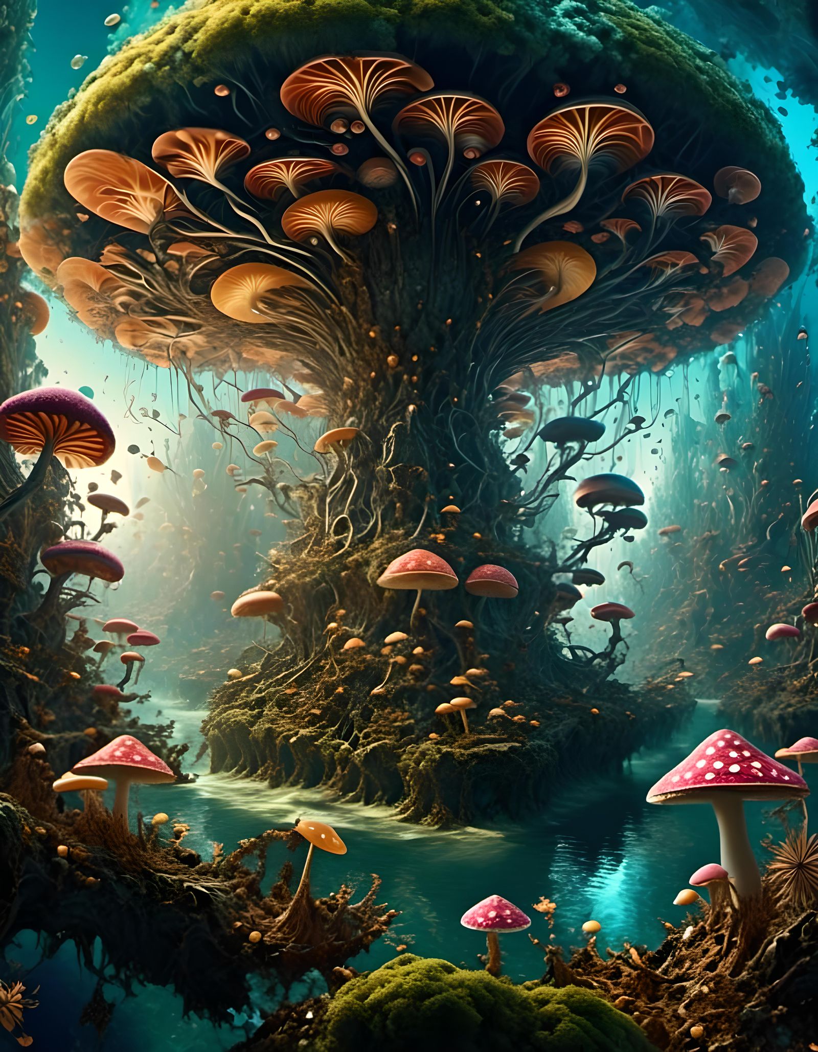 Mystical Fractal Forest with Sparkling River at Sunrise