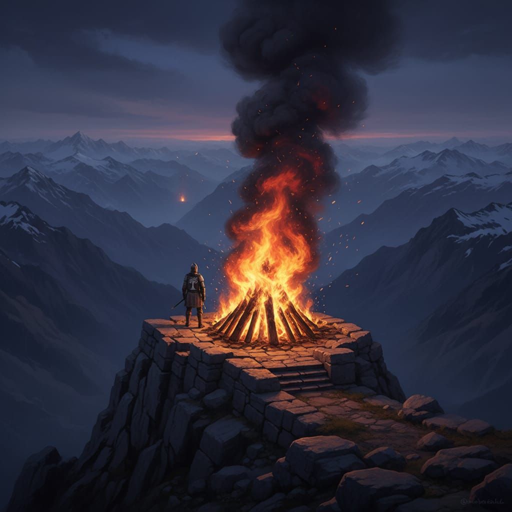 Gondor Beacon Lit on Mountain Peak at Dusk