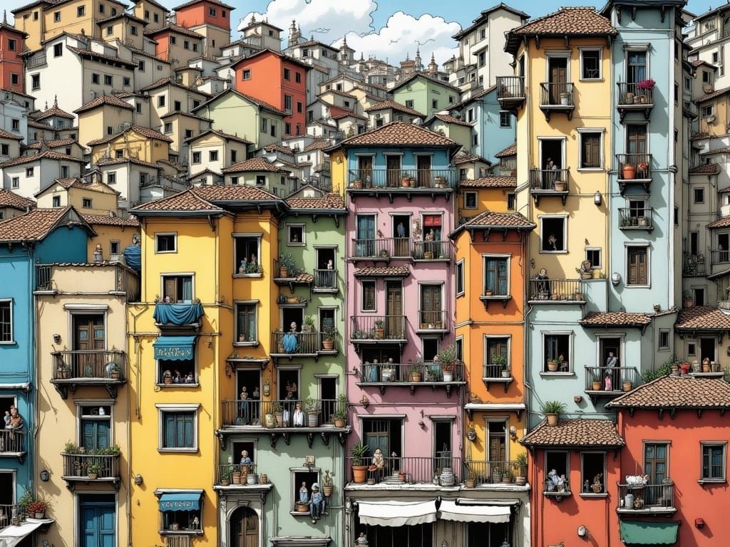 La Boca, Buenos Aires: Colorful Houses in Watercolor Style