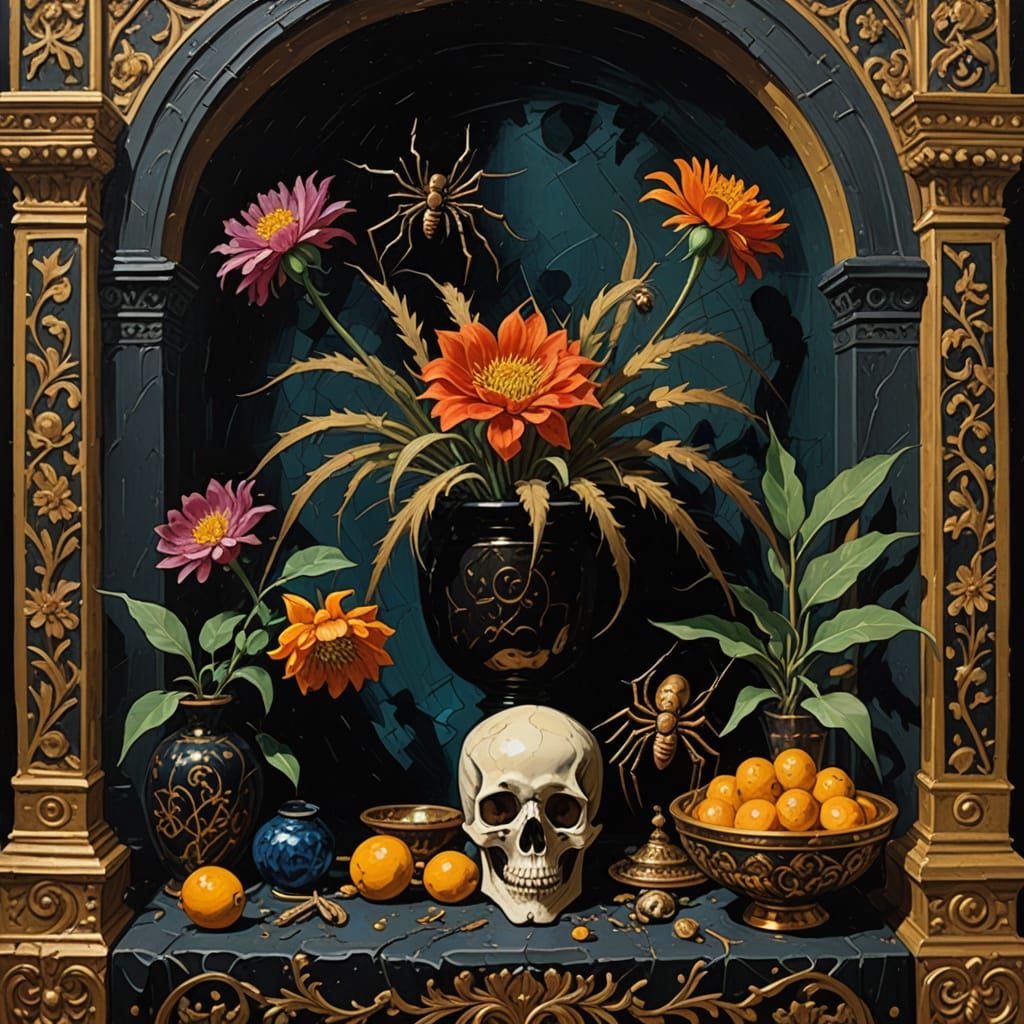 Ancient Ossuary Gallery with Spiders in Gouache Masterpiece