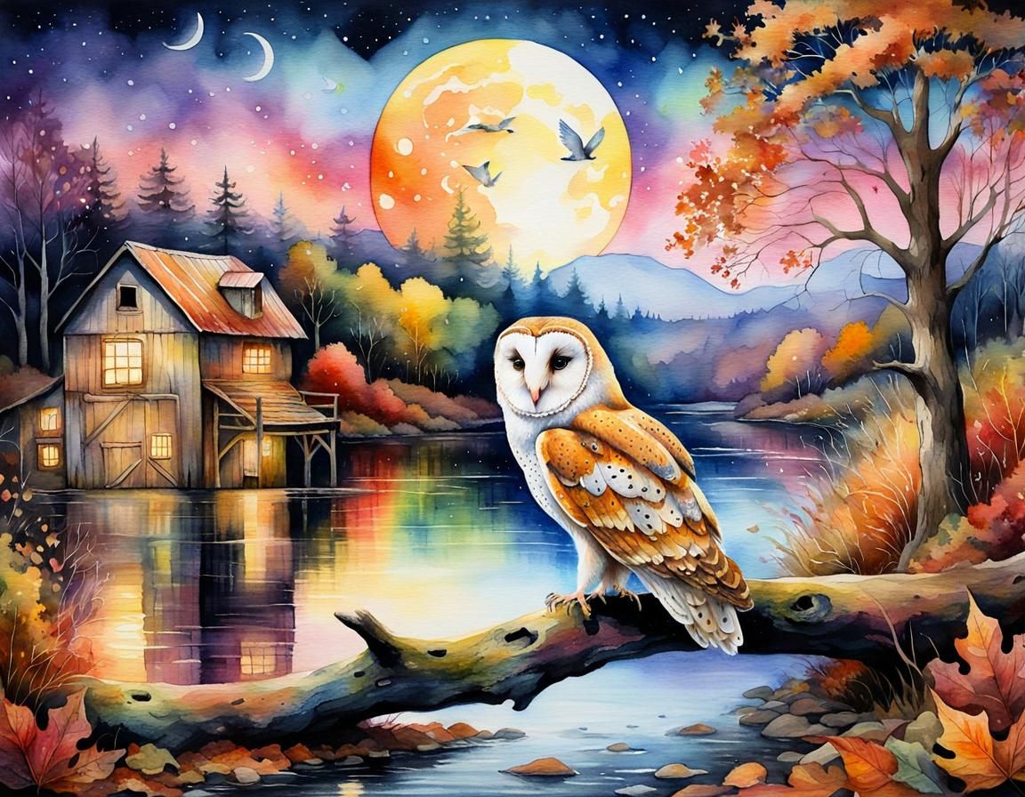 Goldenpunk Barn Owl in Dreamcore Autumn Woods