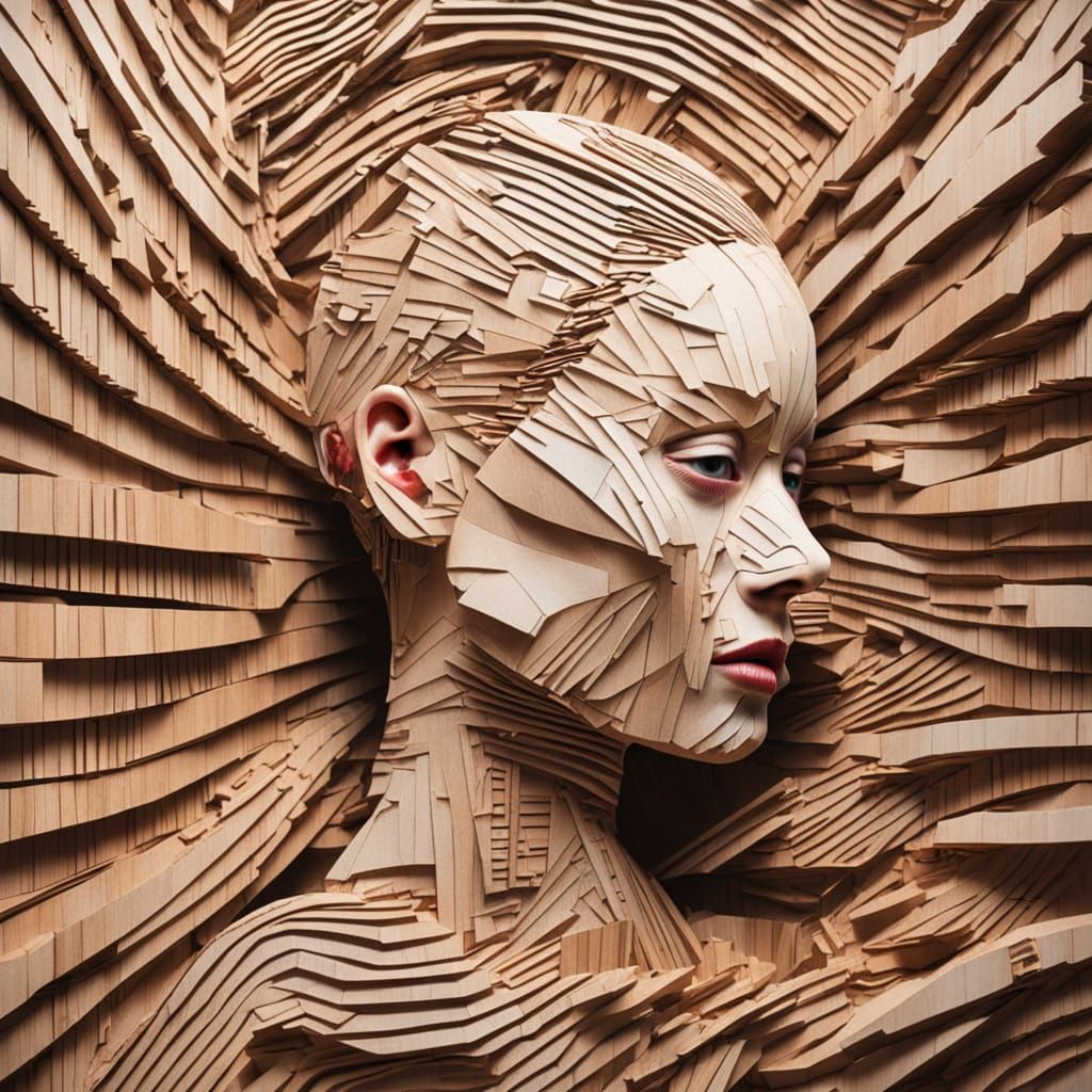 Fractured Embossed Woman Detaches from Wooden Framework