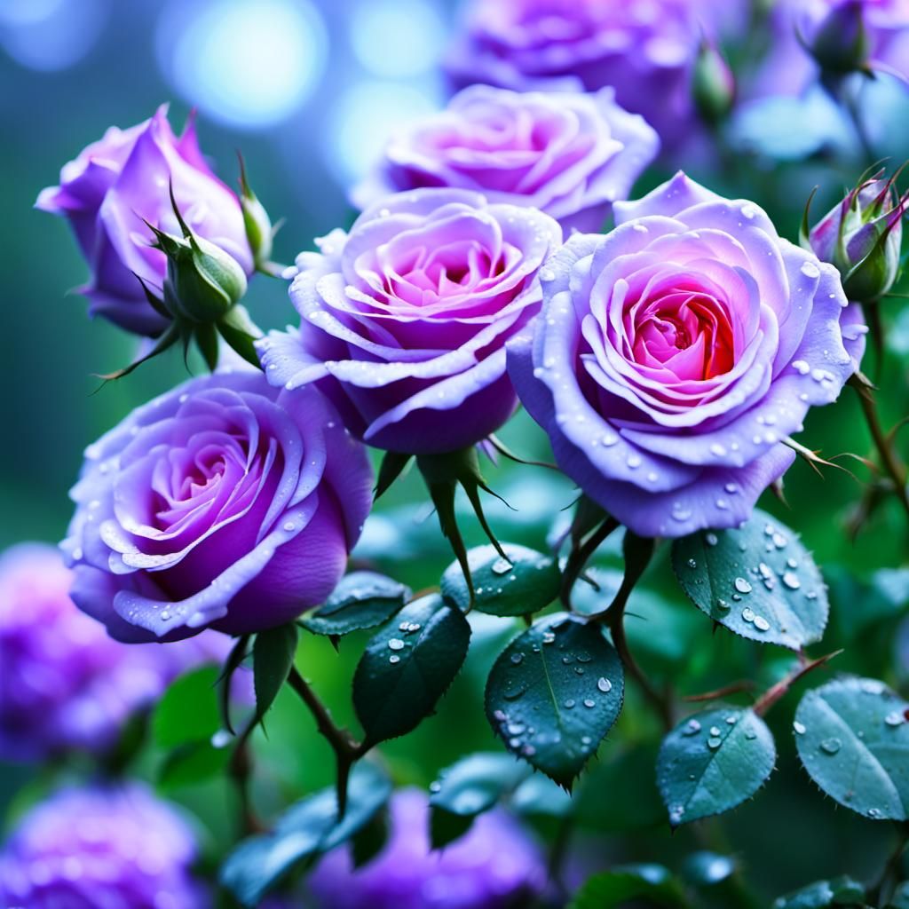 Macro Photograph of Purple Roses in Rain