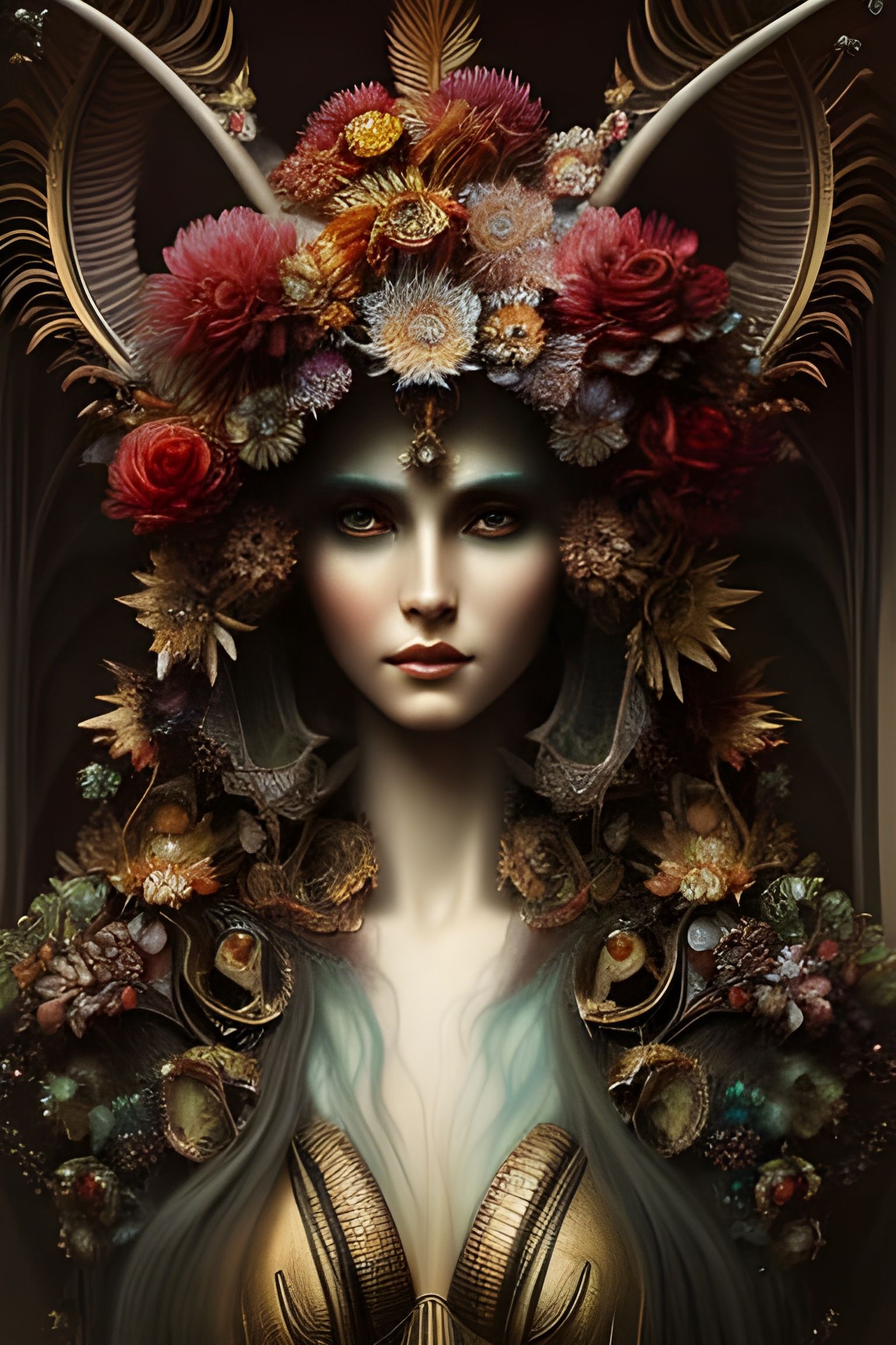 Elaborate Metamorphosis Goddess in a Maximalist Digital Pain...