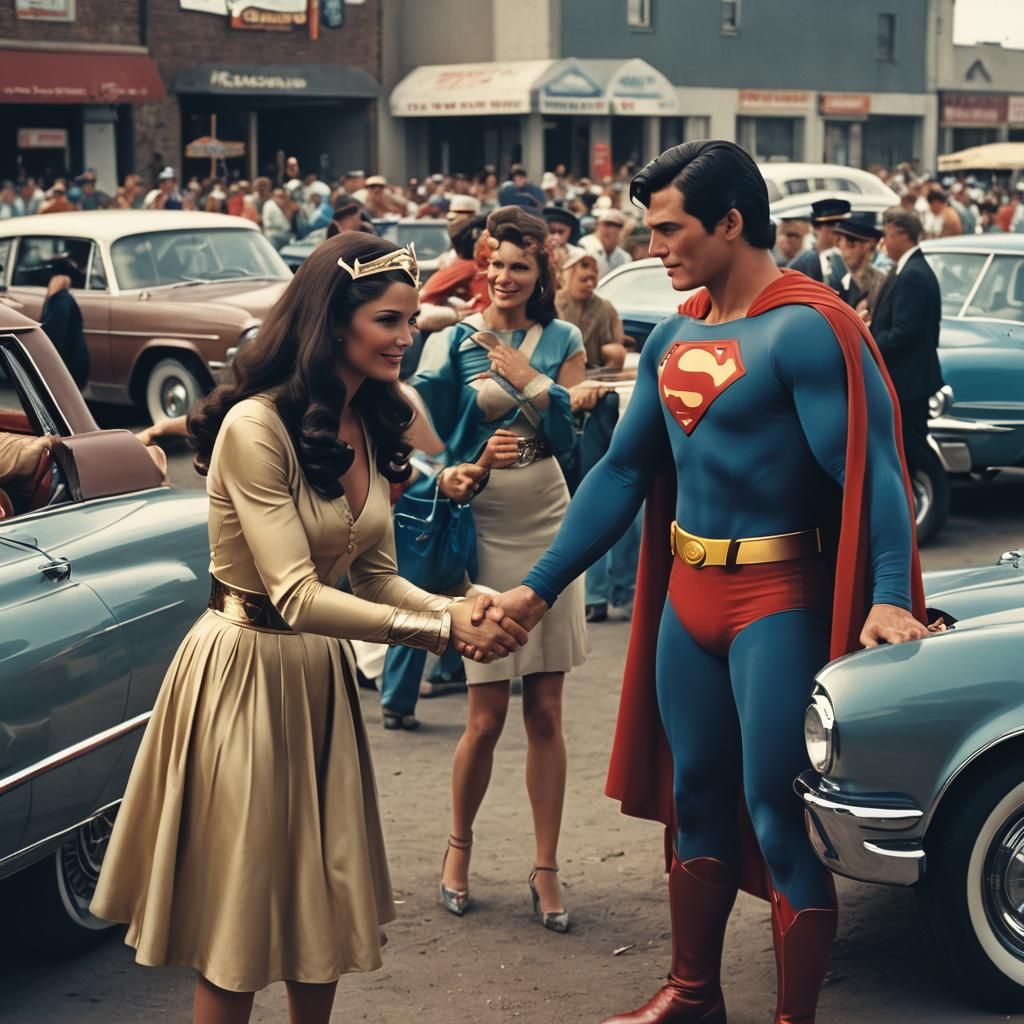 Superman and Wonder Woman at 1966 Car Show