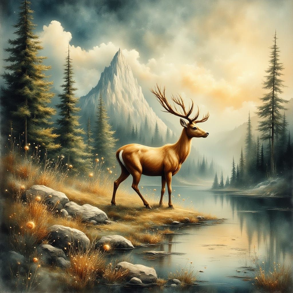 Whimsical Deer in Magical Valley Watercolor Art
