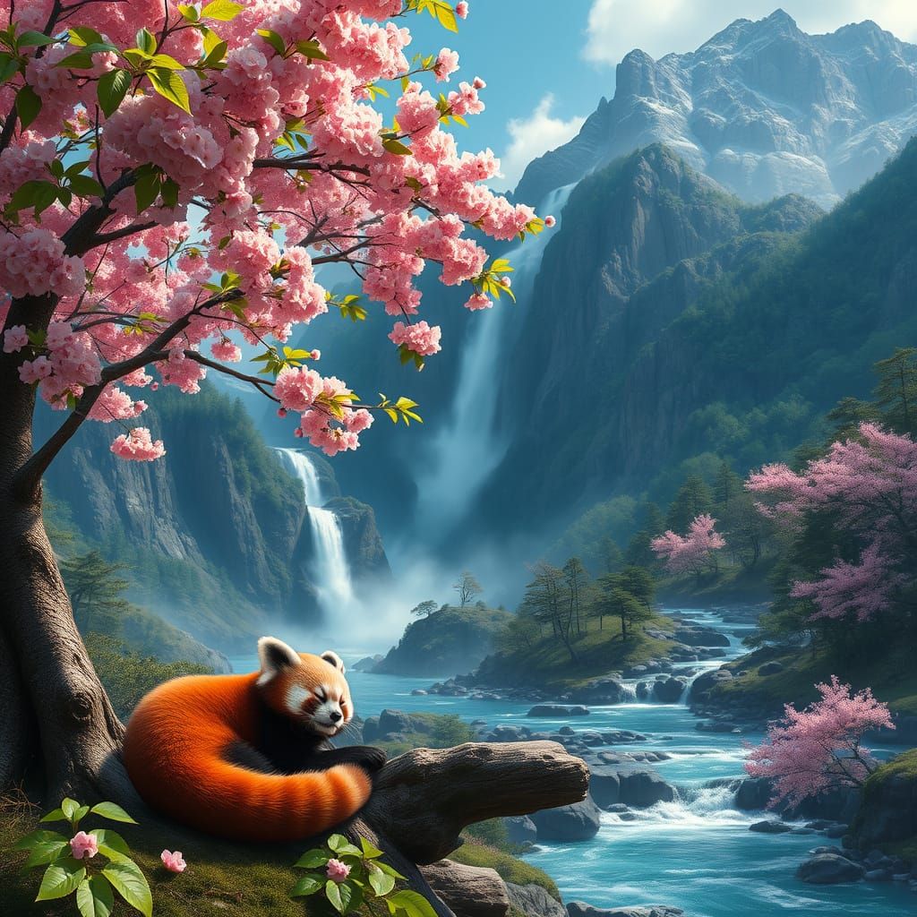 Red Panda in Cherry Blossom Tree Fantasy Landscape